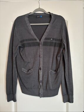 J.Lindeberg Men's Gray Button-Front Cardigan with Black Stripe Detail